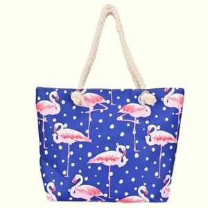 2/$40 Navy Blue Pink Flamingo 🦩 Polka Dot Beach Ready Beach Bag Oversized NEW